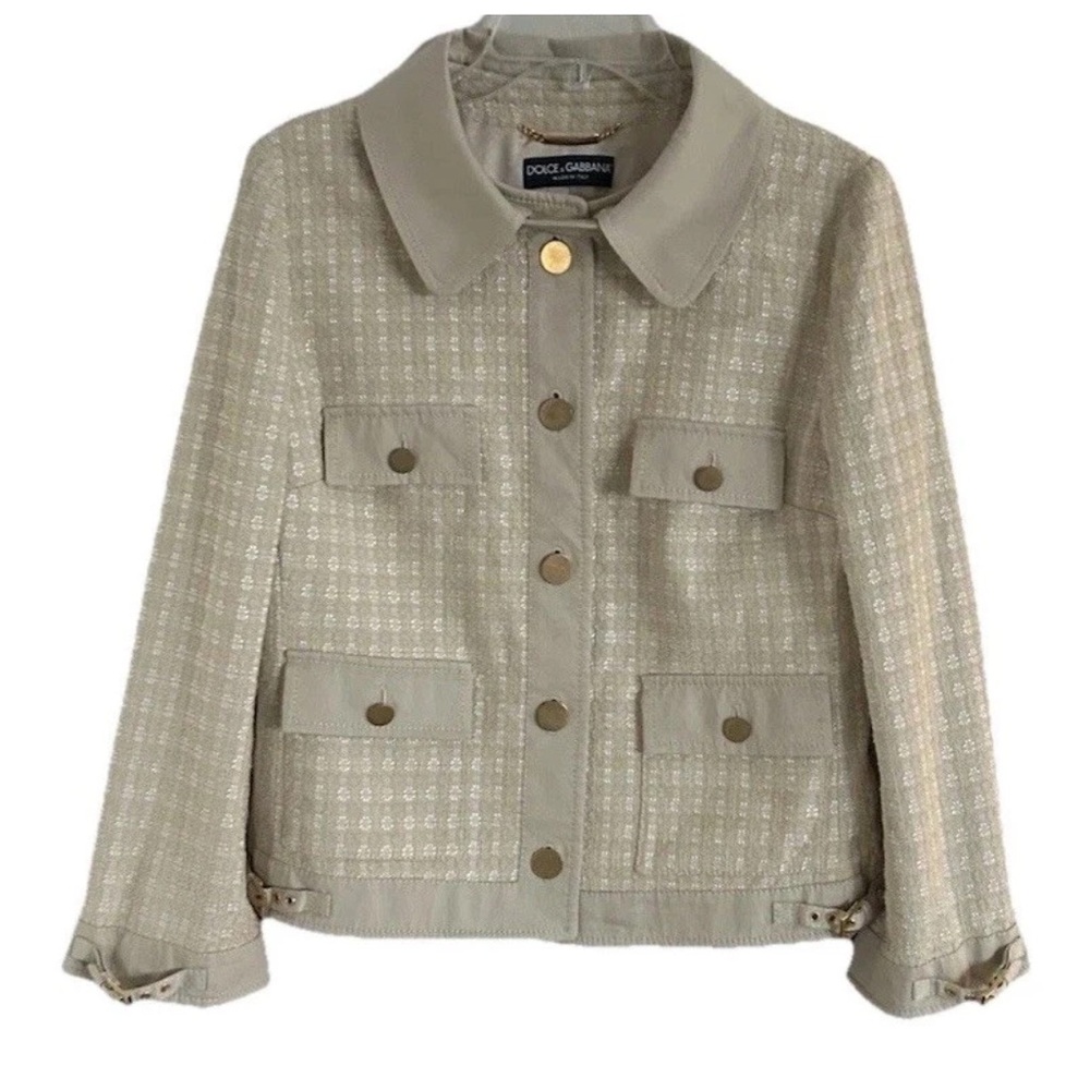 DOLCE & GABBANA Beige Khaki Plaid Tweed Gold Button Lined Jacket Blazer 10 46